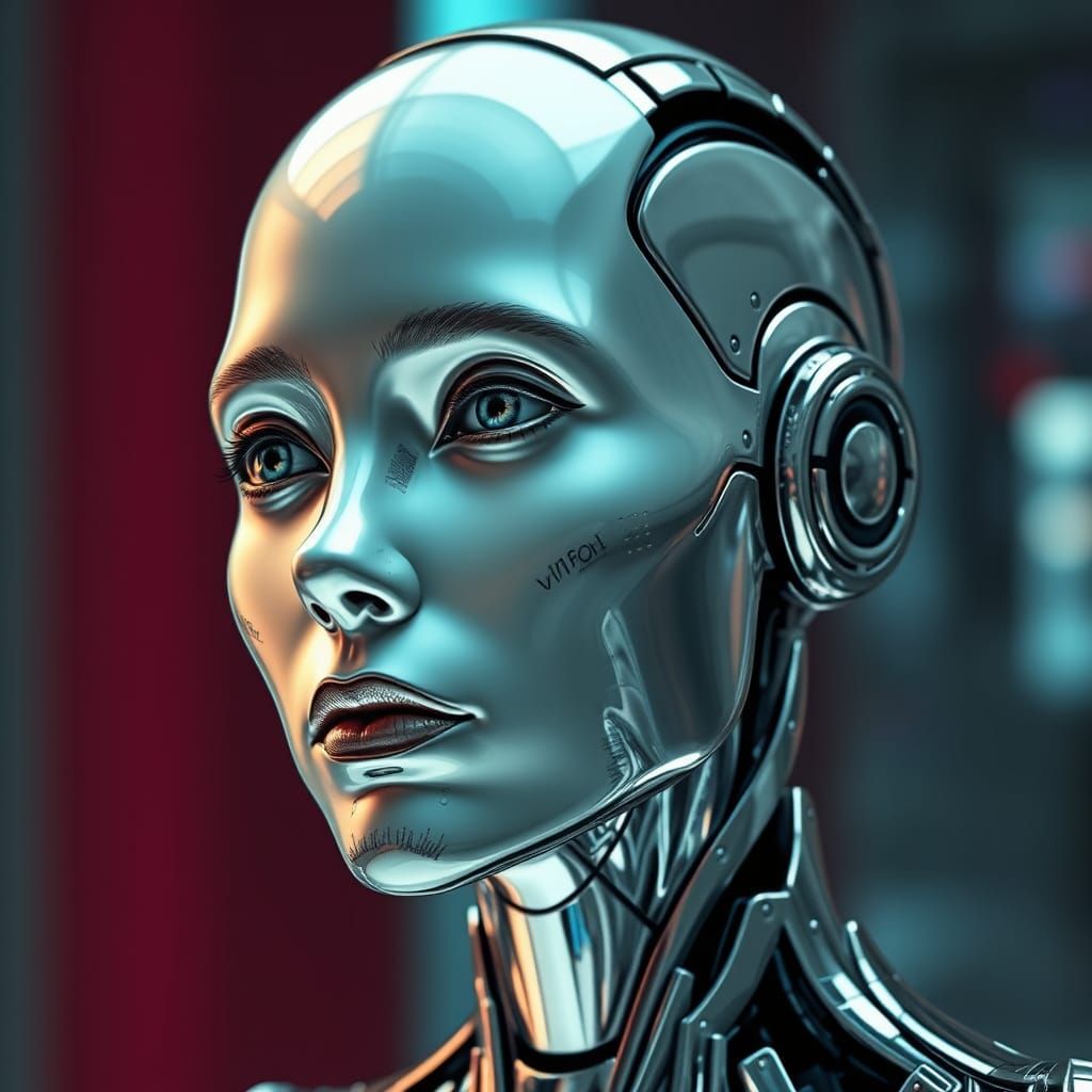 Chrome Robot Woman Reflects Cityscape in Hyperrealistic Port...