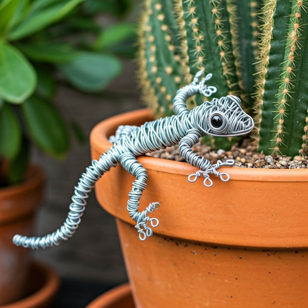 Photorealistic Wire Gecko Climbing Cactus Pot