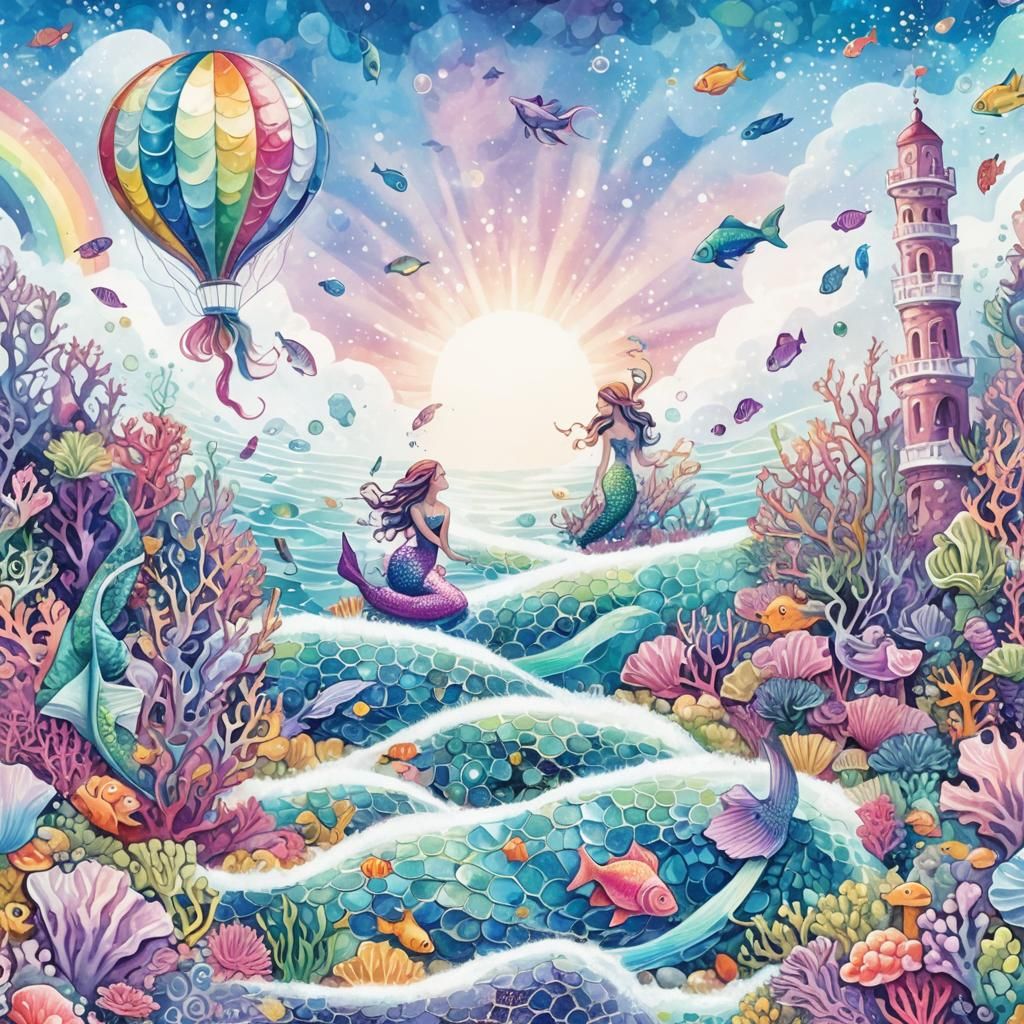 Whimsical Underwater Wonders with Mermaid and Fractals