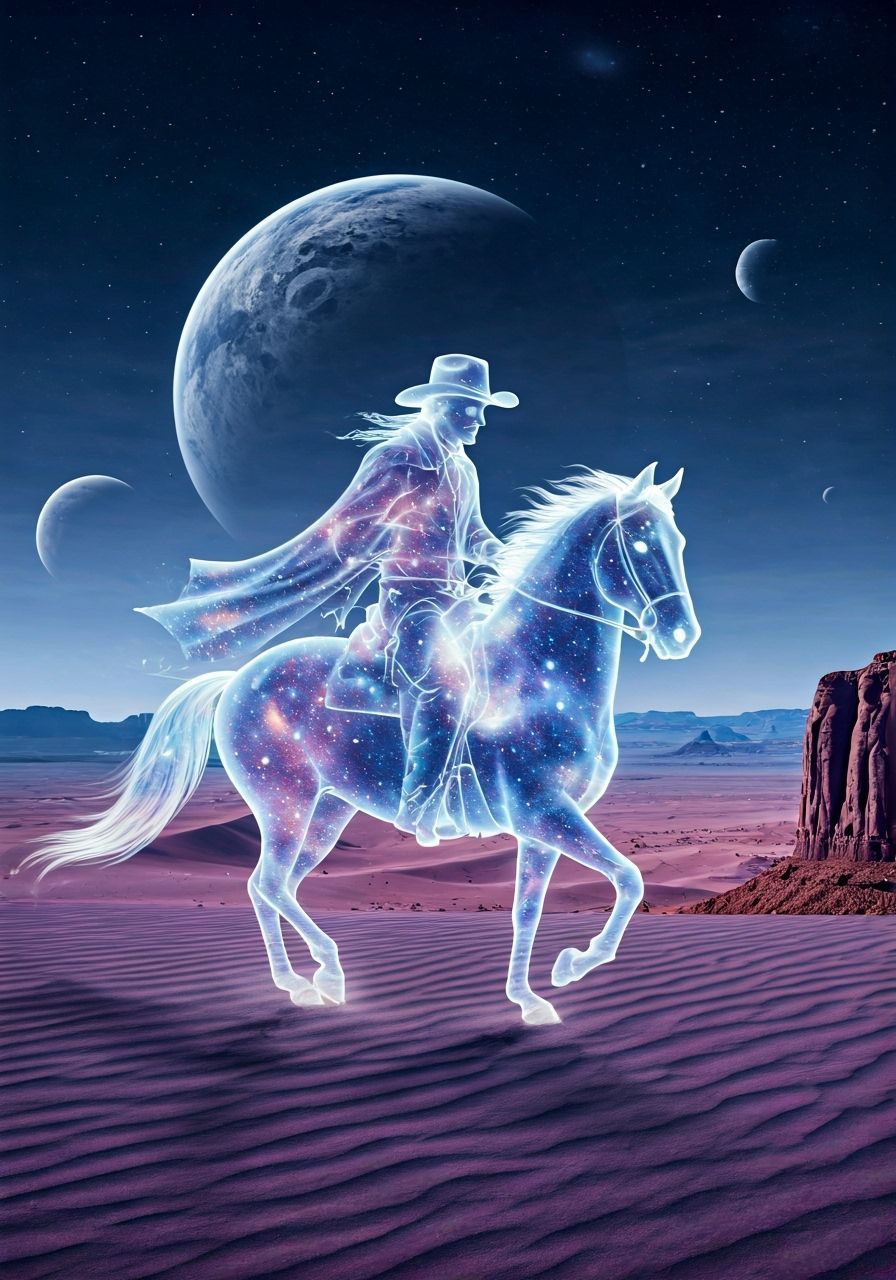Cosmic Cowboy Spirit Galloping Through Alien Desert