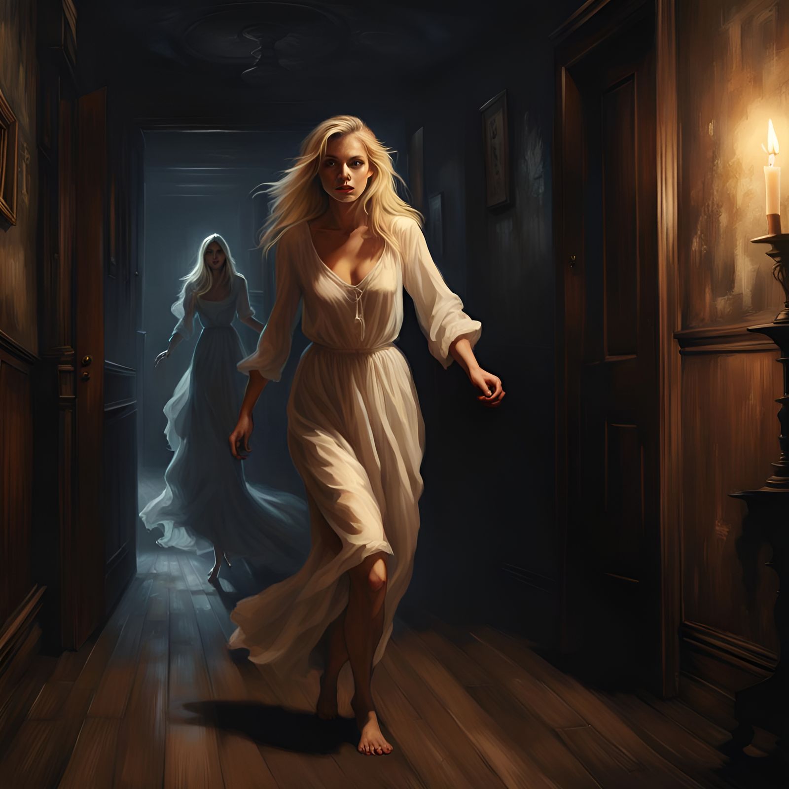 Beautiful Blonde Girl Chased by Ghost in Haunted Mansion