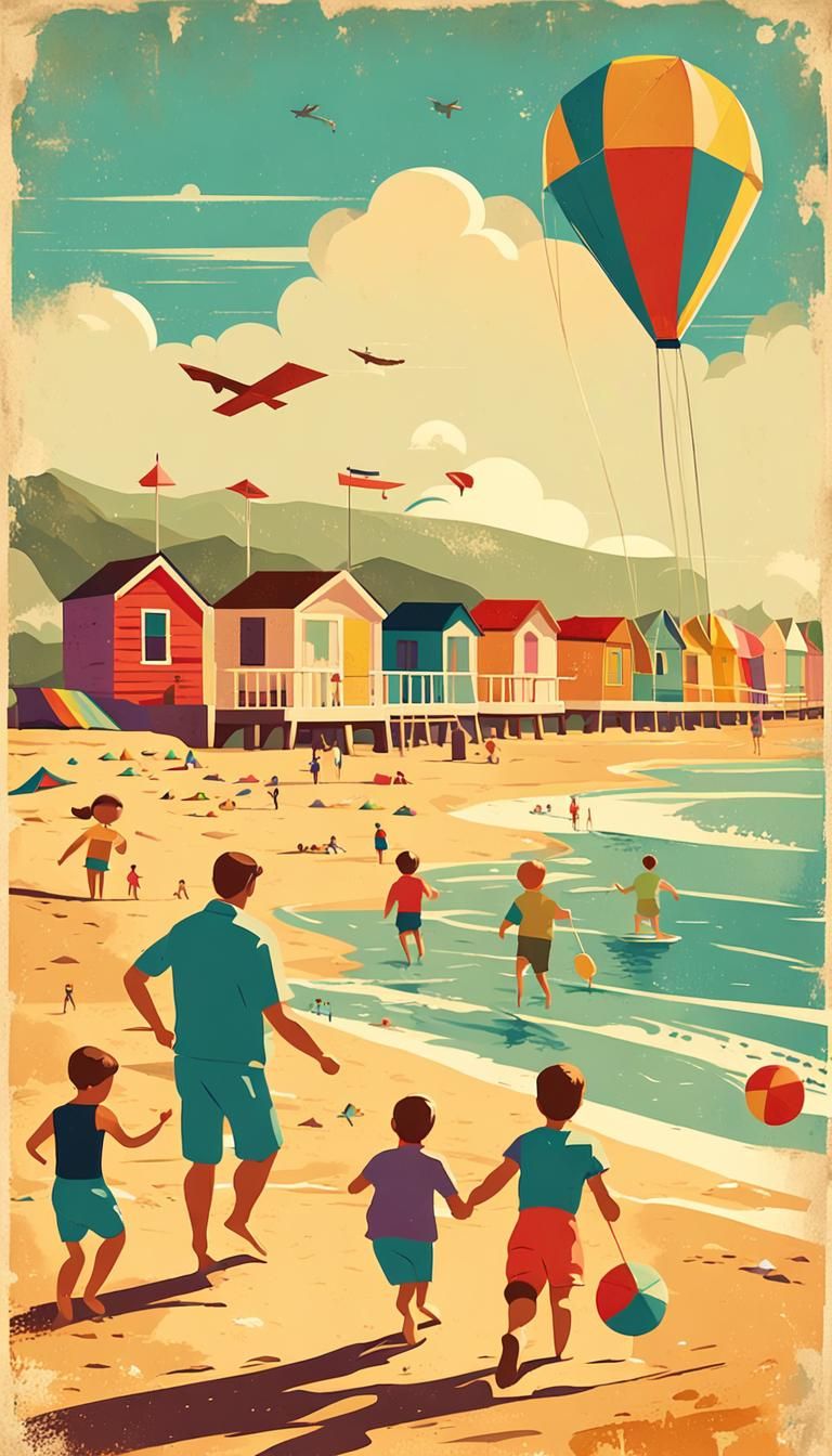 Retro-Style Beachside Resort Scene with Happy Family
