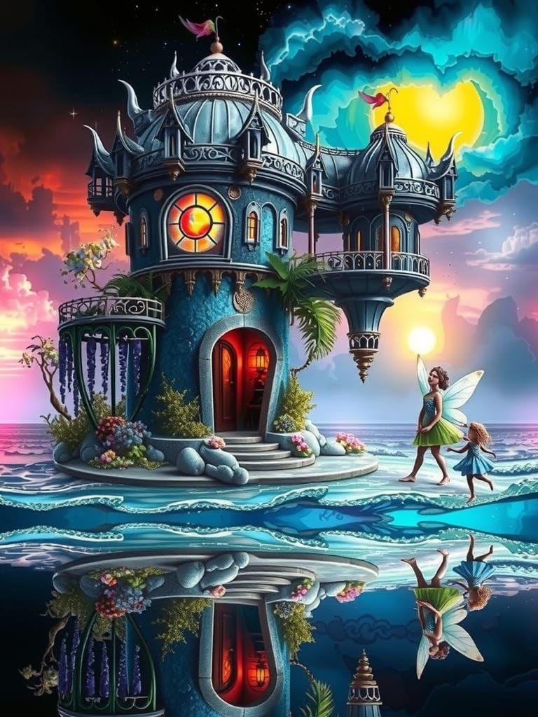 A majestic, fairytale-inspired fairy castle house with slender, crystal spires and grand, sweeping arches, stands proudl...