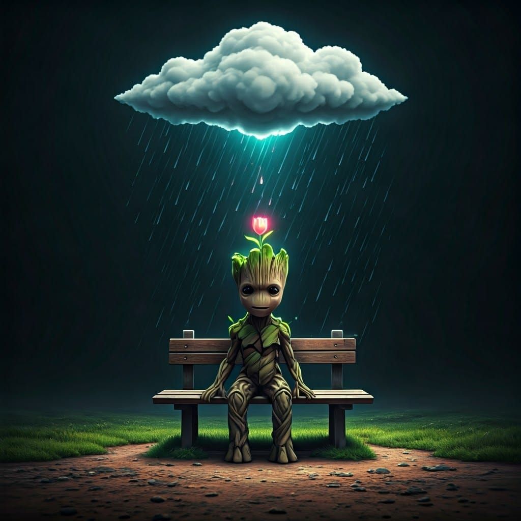 Groot in Fantastical Rainy Scene with Tulip