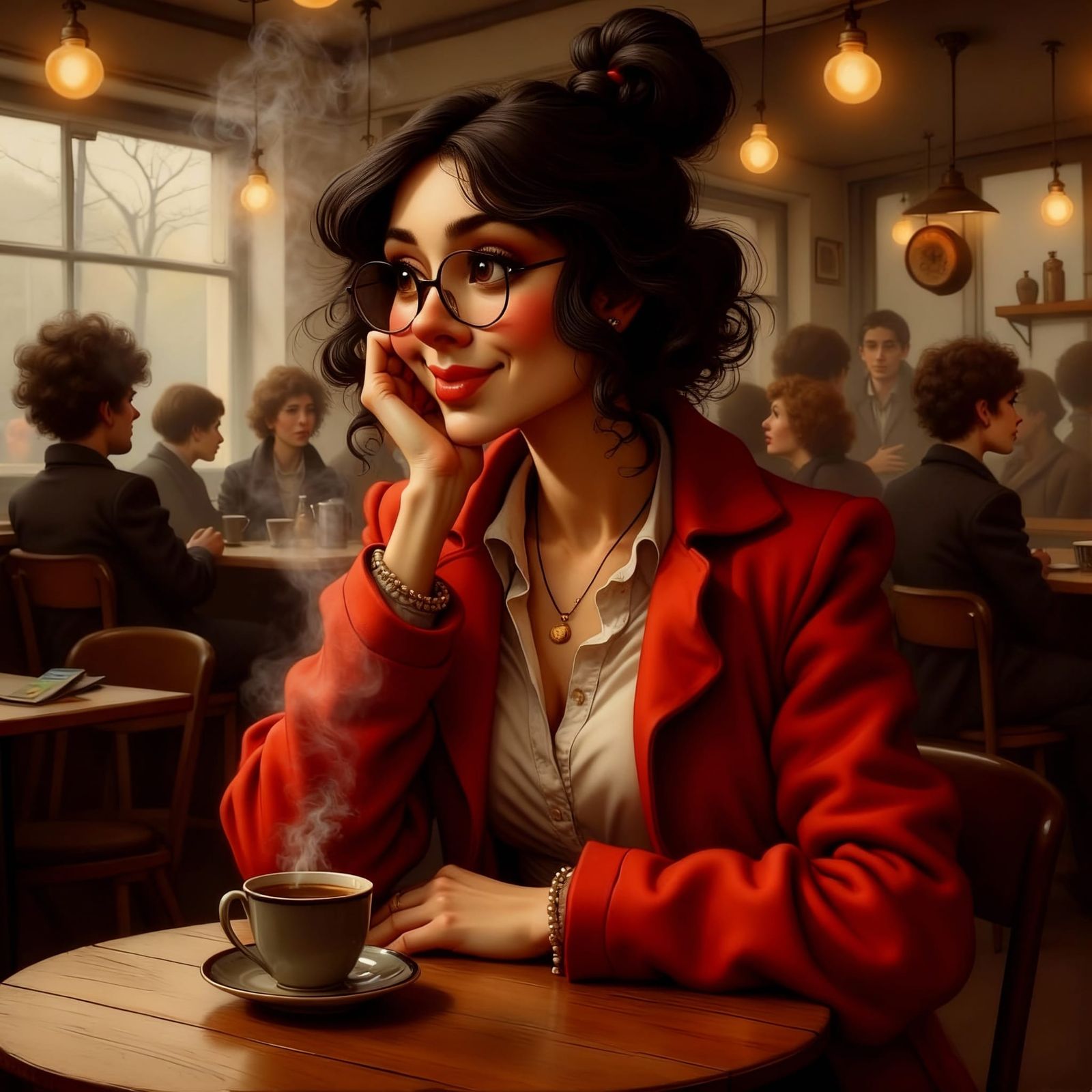 Woman Enjoys Coffee in Vintage Cafe