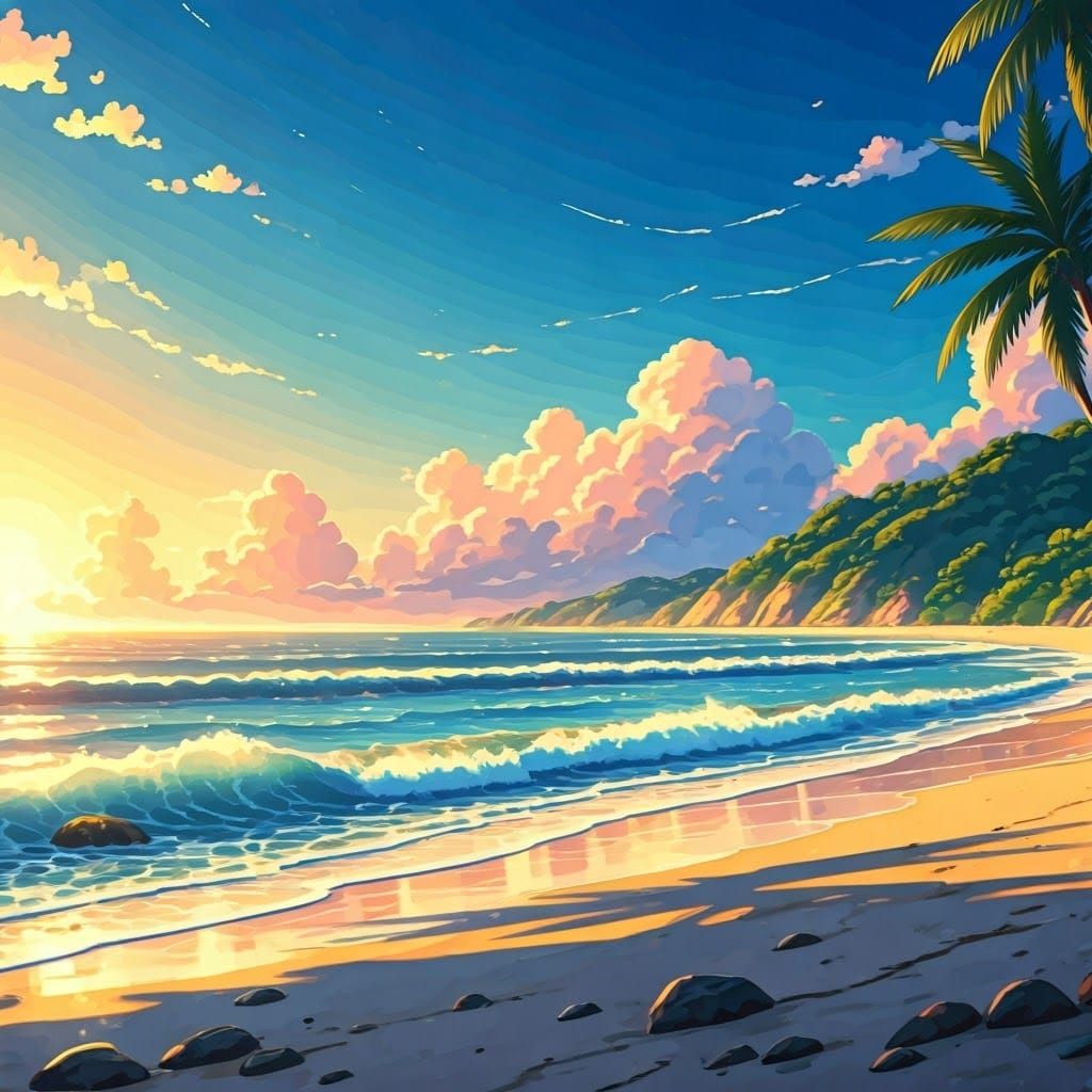 Anime Beach Sunset in Makoto Shinkai Style