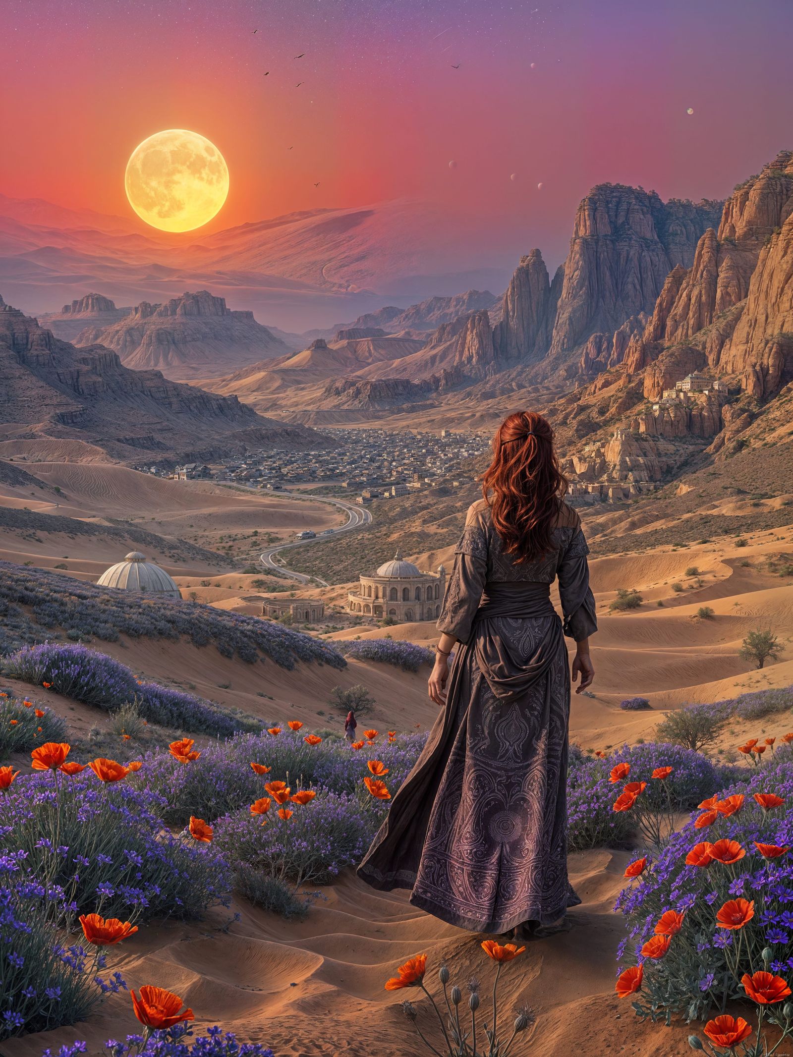 Ethereal Desert Oasis in Vibrant Purple and Orange Hues