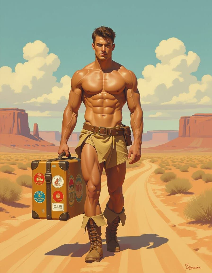 Desert Wanderer with Suitcase, Hyperrealistic Digital Art