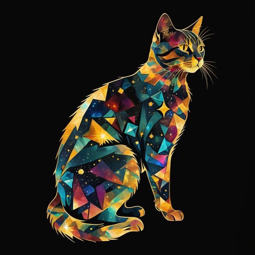 Futuristic Feline Forms in Vibrant Cubist Dreamscape