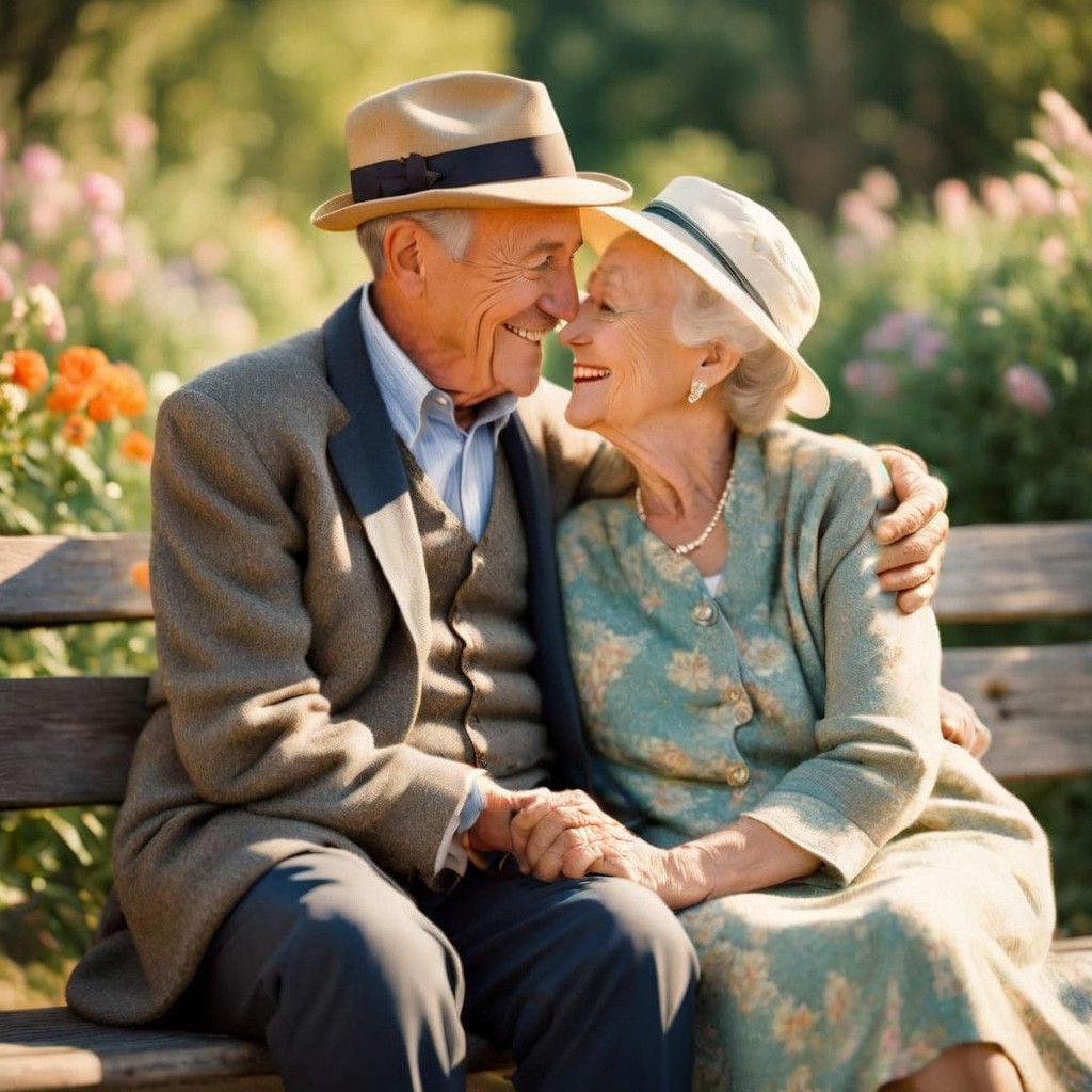 Happy Elderly Couple Laughing on Park Bench