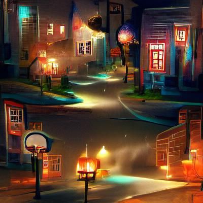 Nostalgic Nighttime Scene of a Small Town Neighborhood