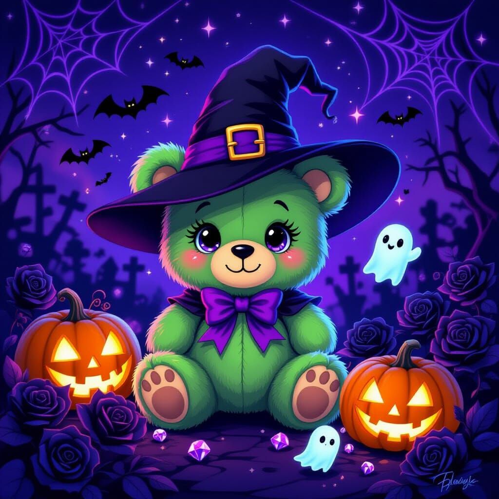 Kawaii Green Teddy Bear Witch Halloween Illustration