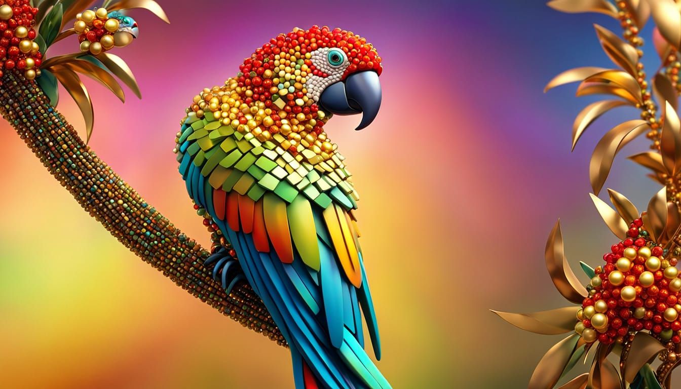 Vibrant Mosaic Parrot Perched on Branch in Digital Art