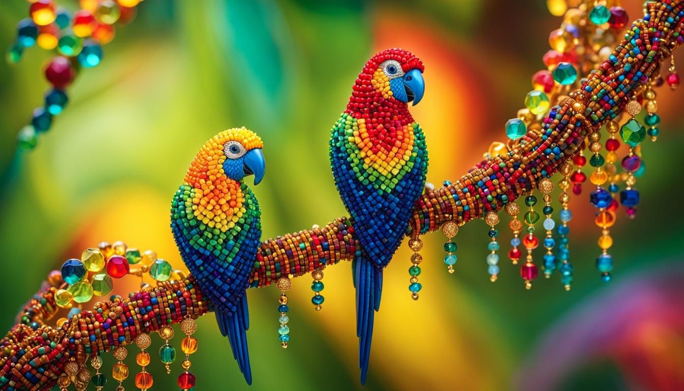 Beaded Parrot on Branch in Iridescent Bead Art Style