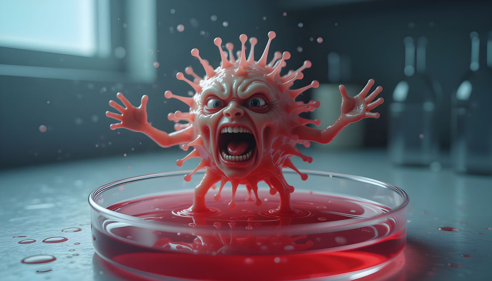 Germ with Human Face Dances in Petri Dish: Hyperrealistic HD...