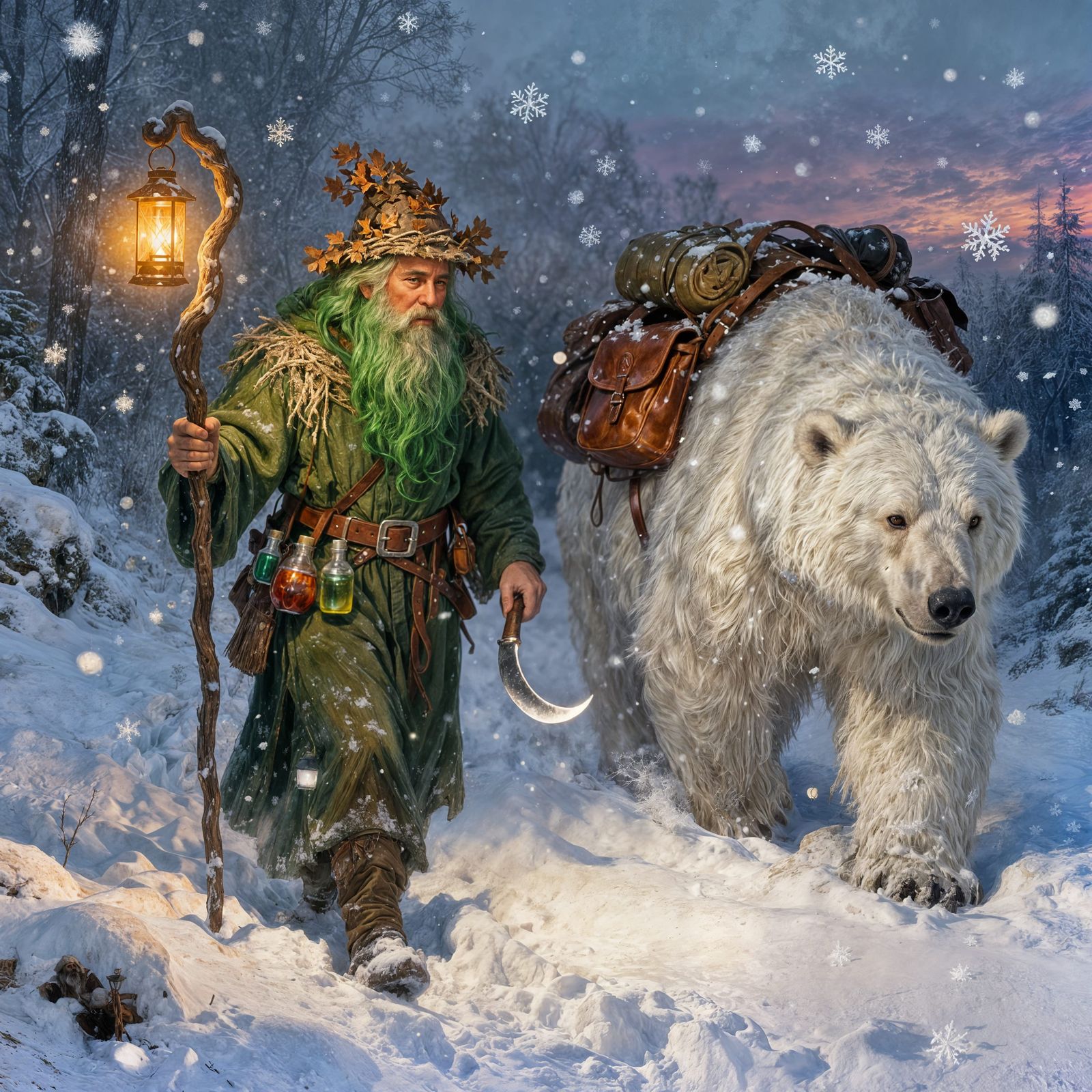 Mystical Druid and Bear in Snowy Forest