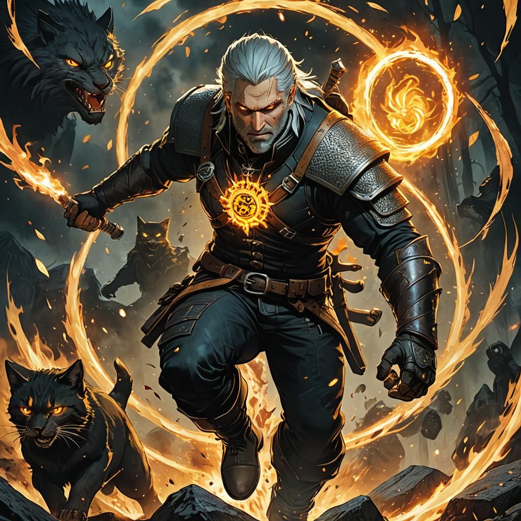 Geralt Ignites Foes with Fiery Igni Sign