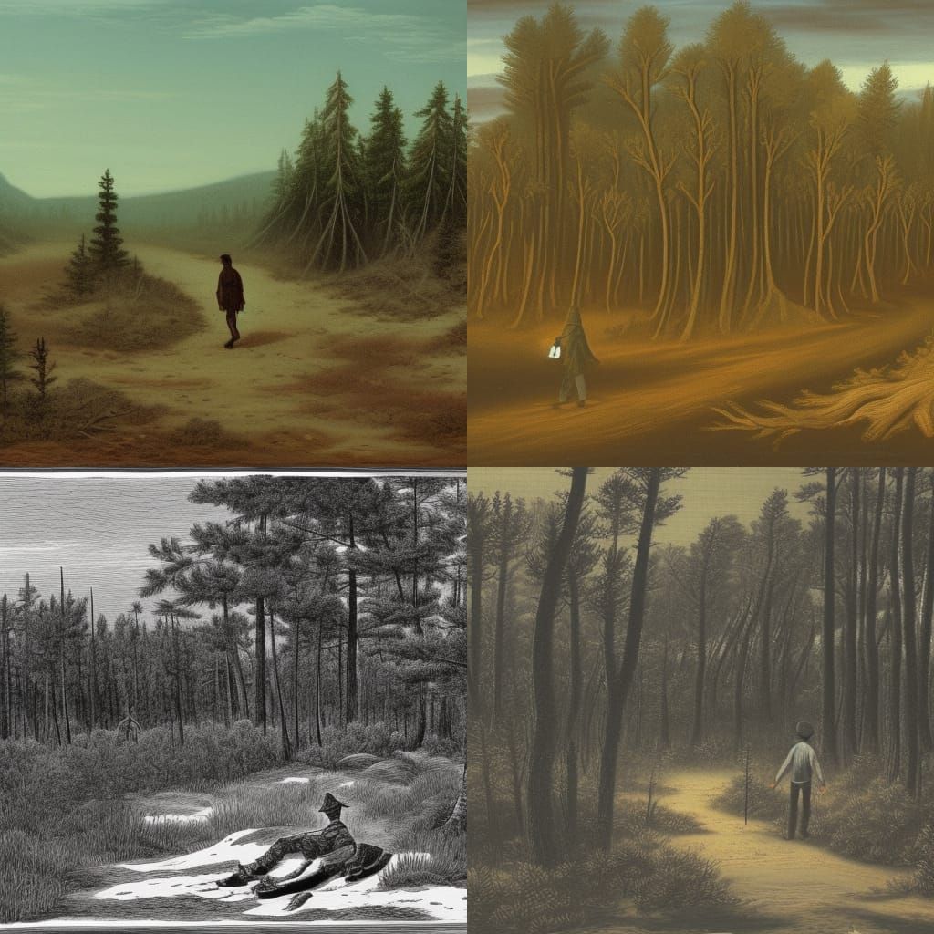 A Vagabond Wanders through a Barren Pine Forest Landscape
