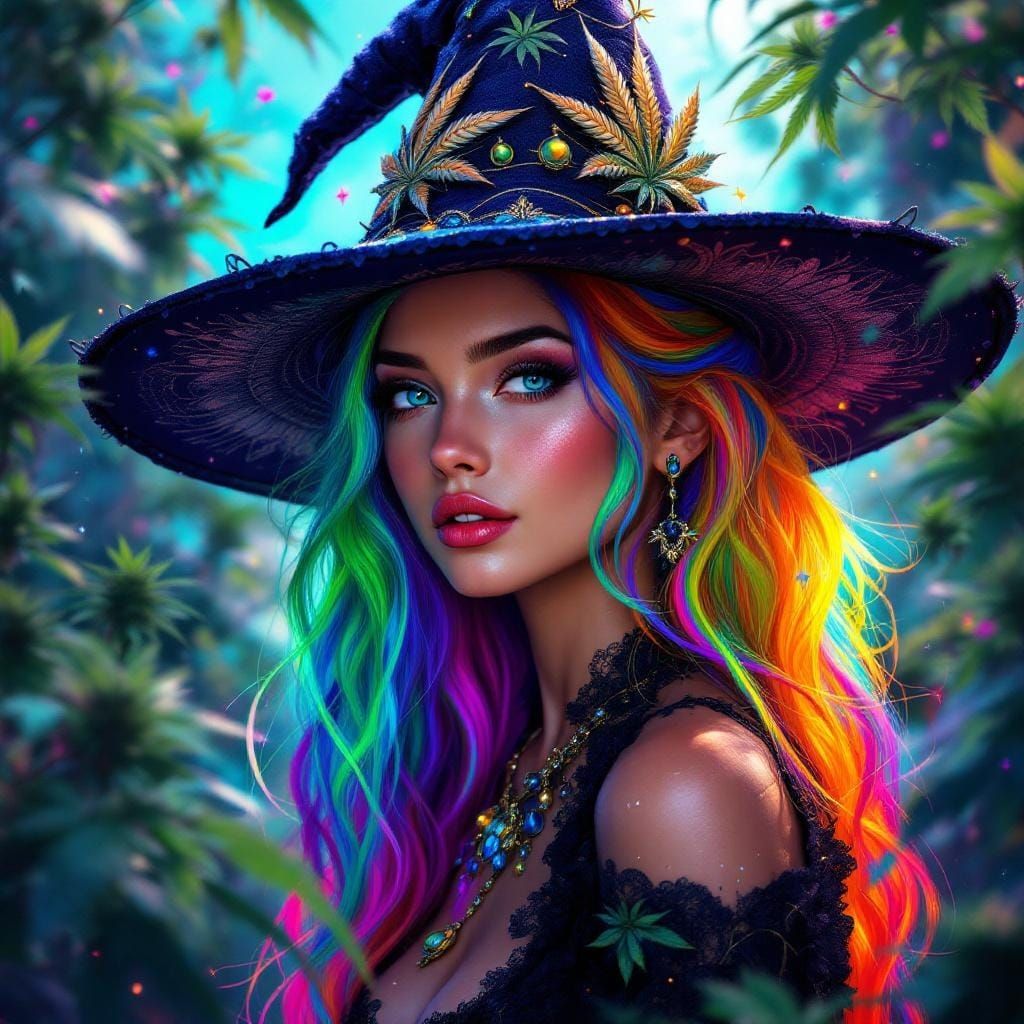 Rainbow Haired Witch Surrounded by Cannabis, Splash Art