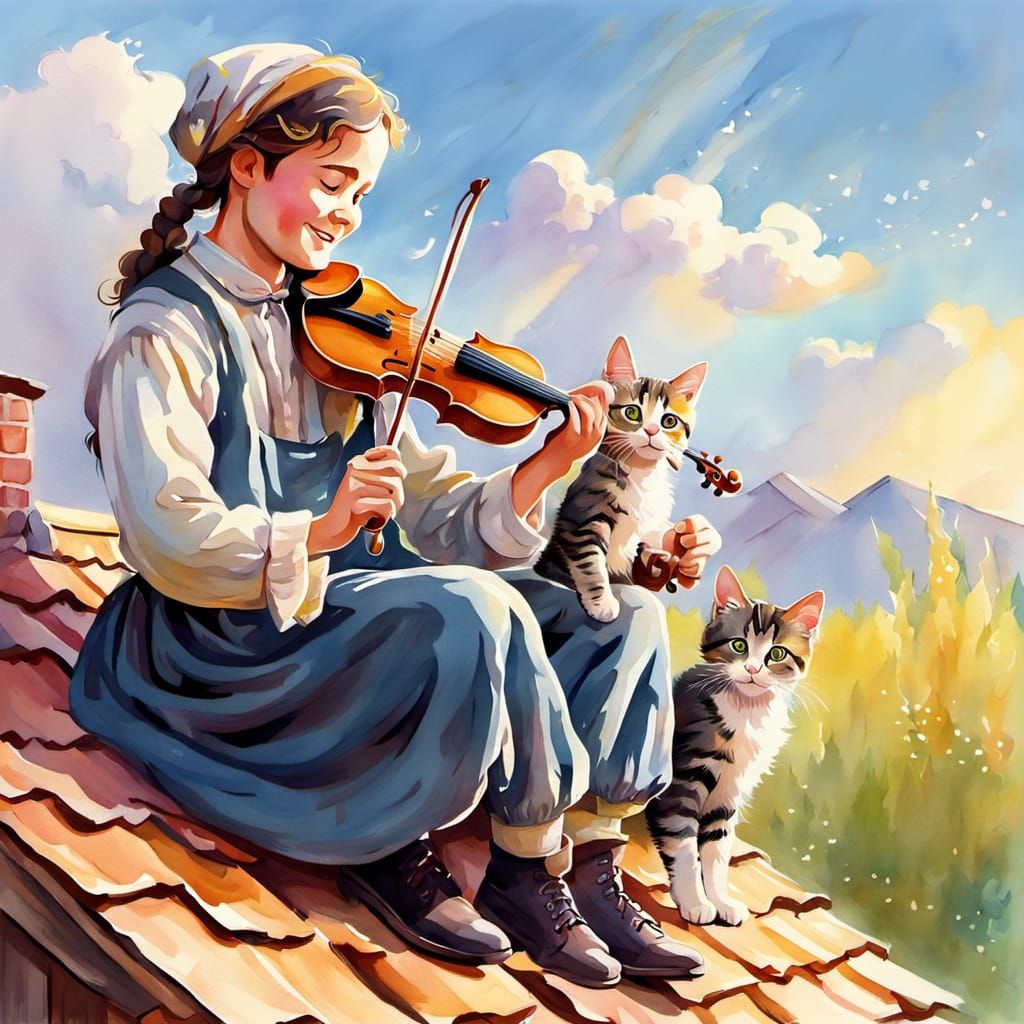 Fiddler's Kitten Serenade: A Whimsical Watercolor Cartoon