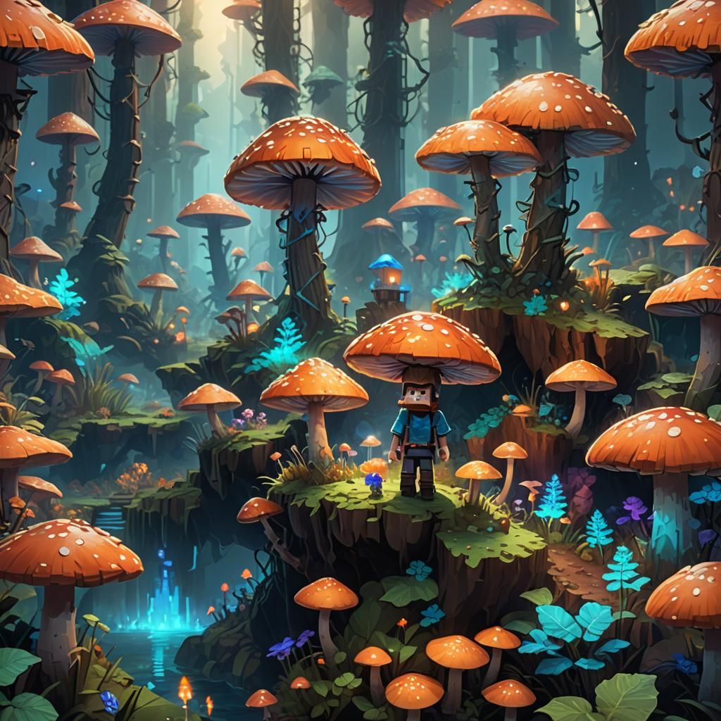 Minecraft Steve in a Vibrant Fantasy Mushroom Forest