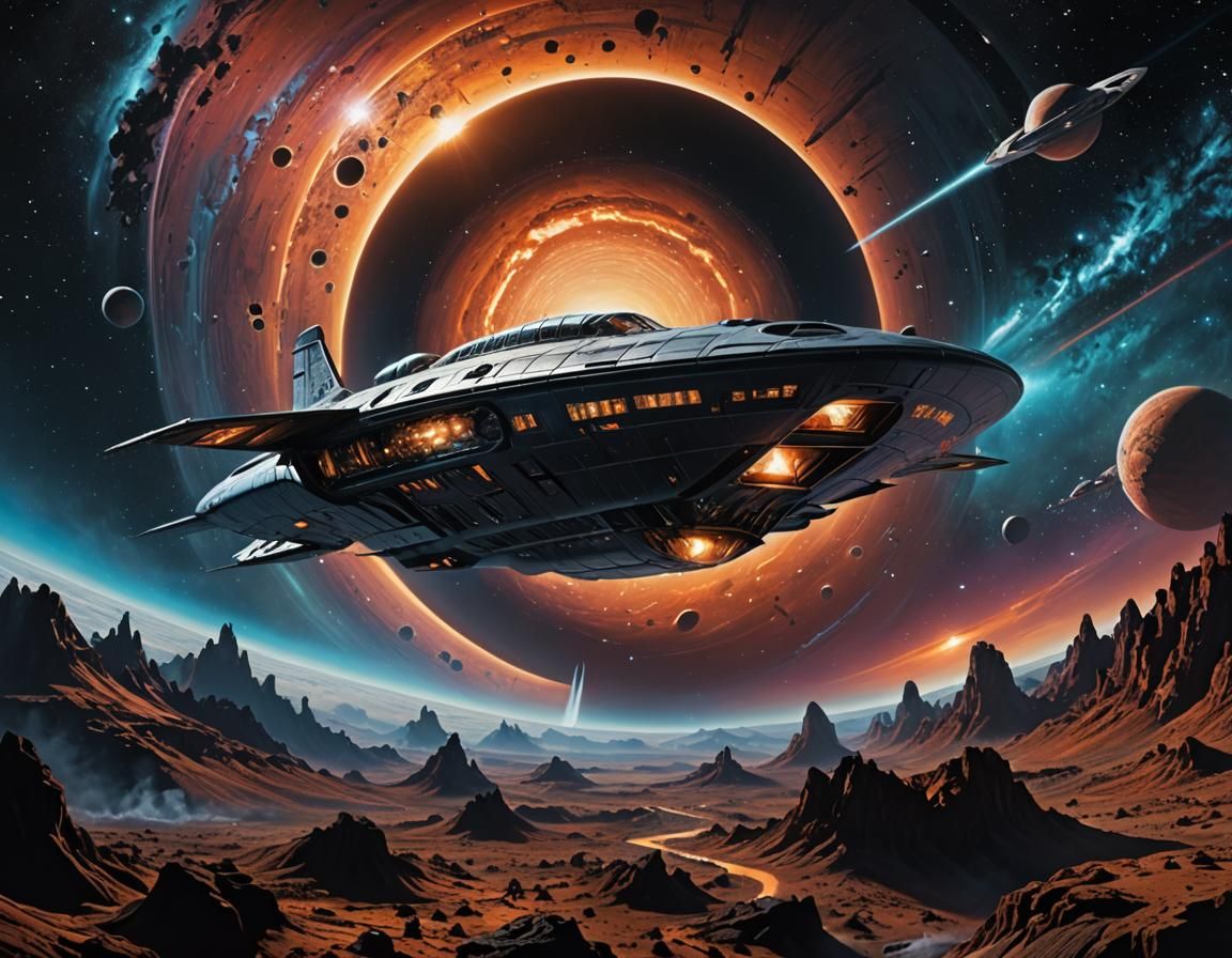 Vintage 1950s Spaceship Approaches an Iridescent Black Hole....