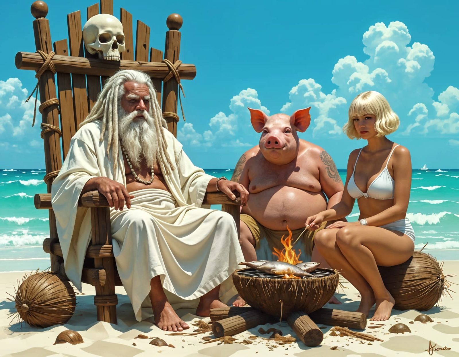 Shipwrecked Trio on Deserted Island Throne