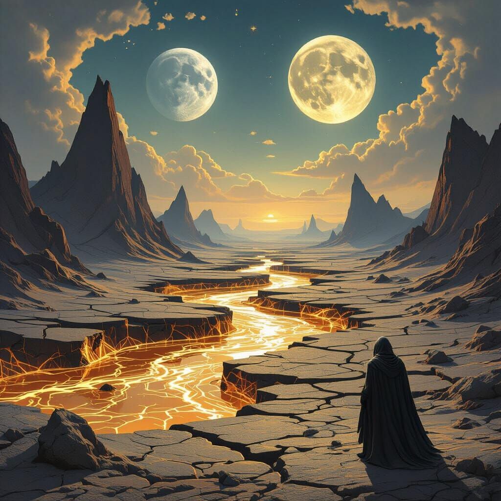 Surreal Gold Rivers and Twin Moons in Dark Fantasy
