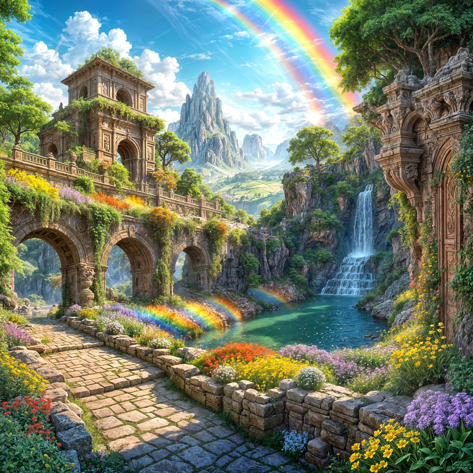 Fantastical Vale with Rainbow and Waterfall