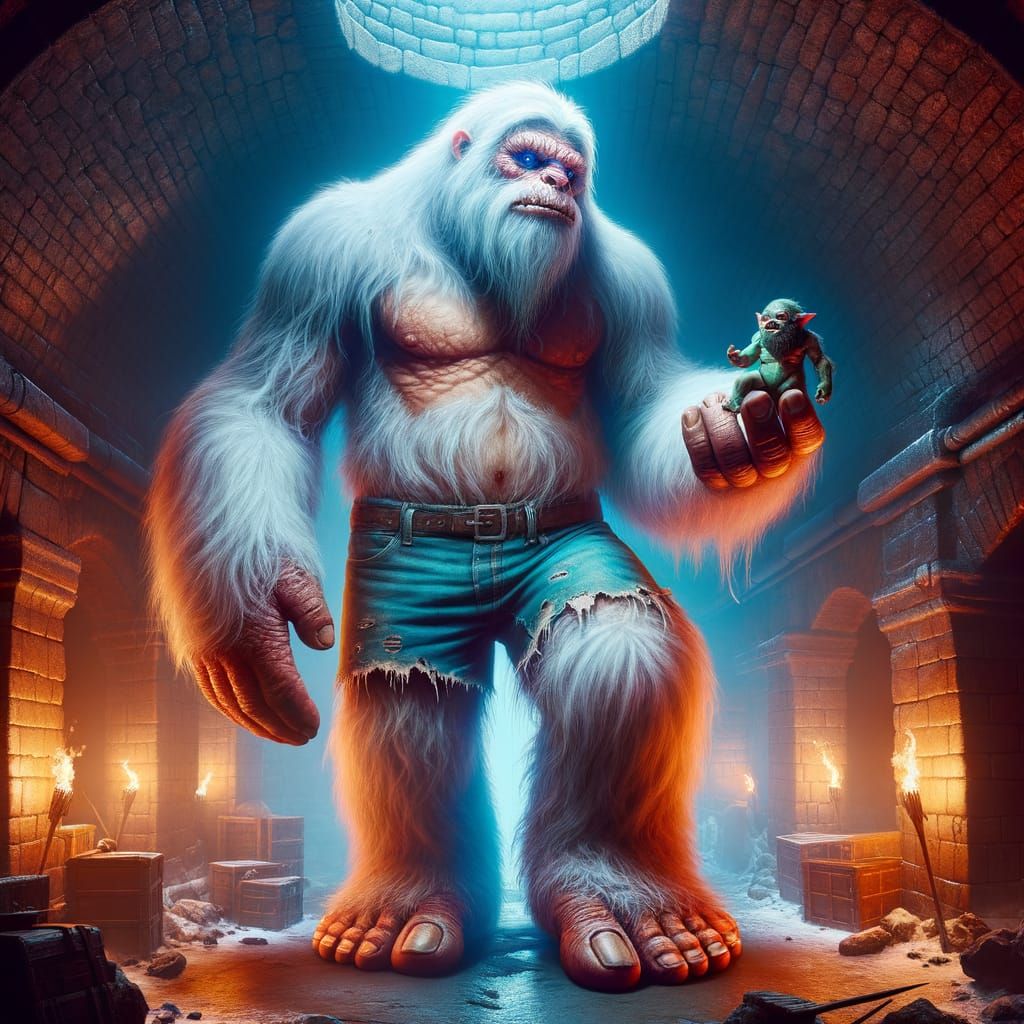 Giant Hairy Yeti Holds Mini Troll in Torchlit Dungeon