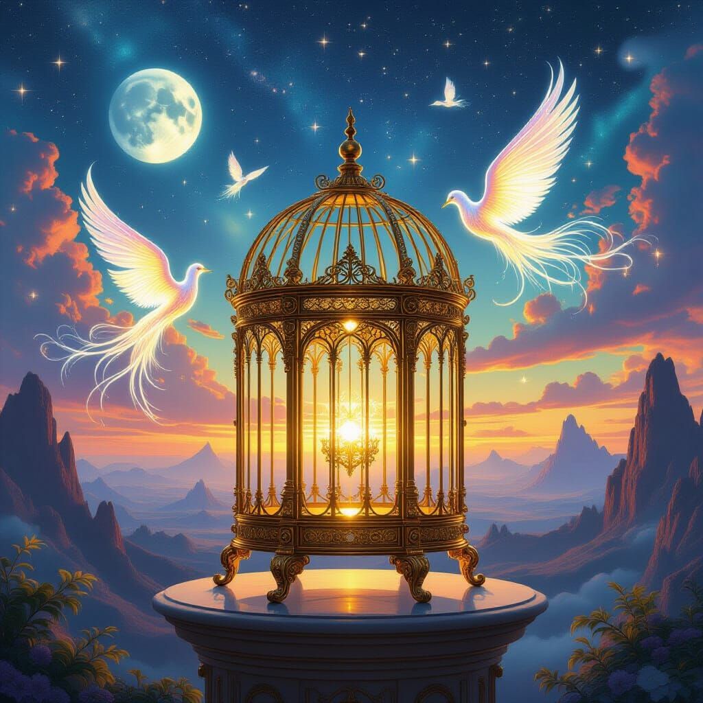 Ornate Golden Birdcage Opens to Alien Vista