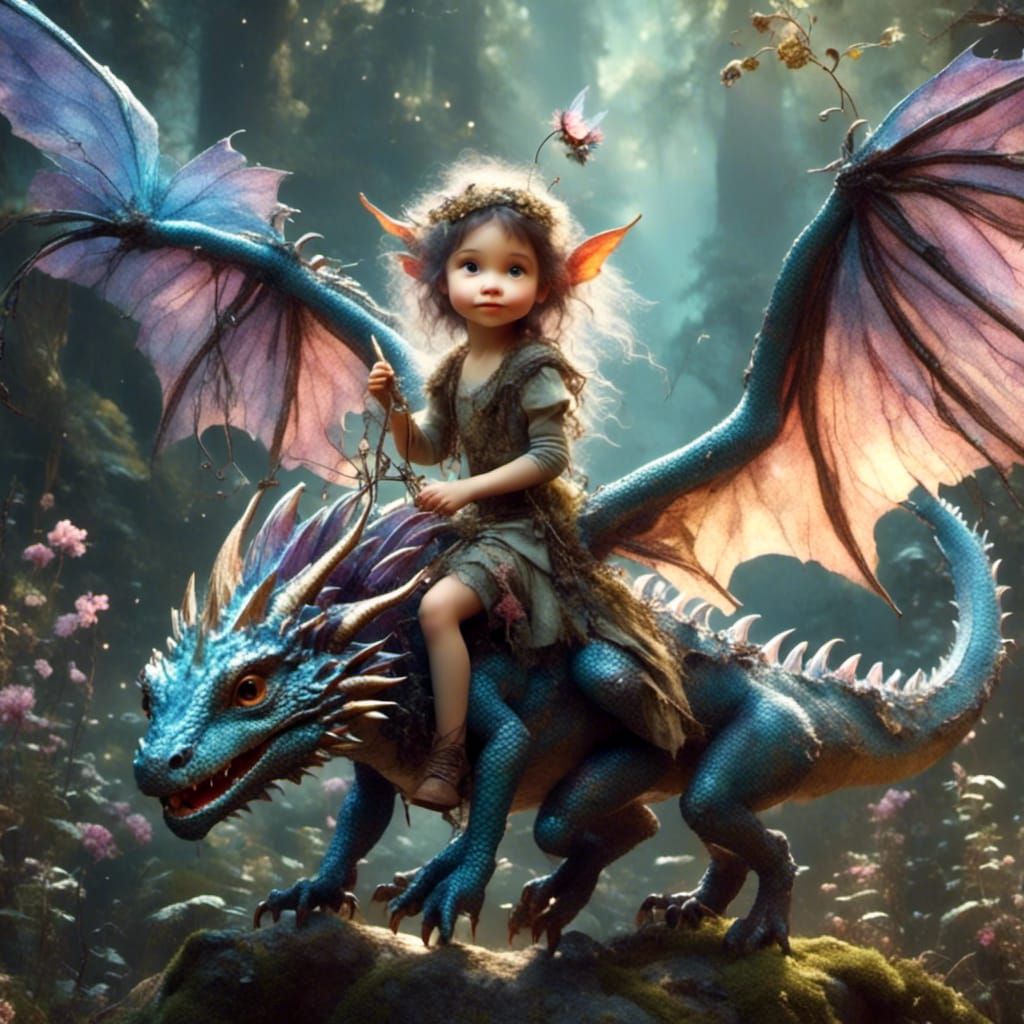 Delicate Faerie Rides Majestic Iridescent Dragon