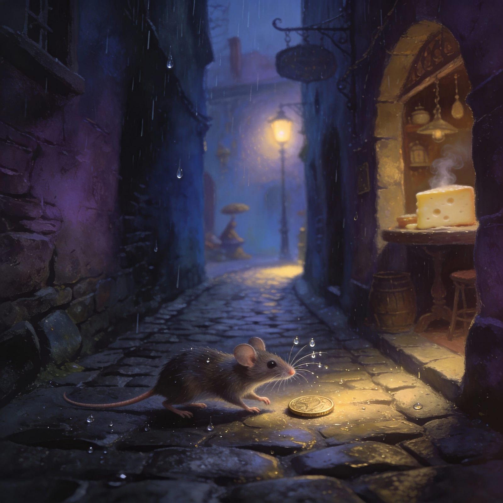 Tiny Mouse Explores Rainy Cobblestone Alleyways