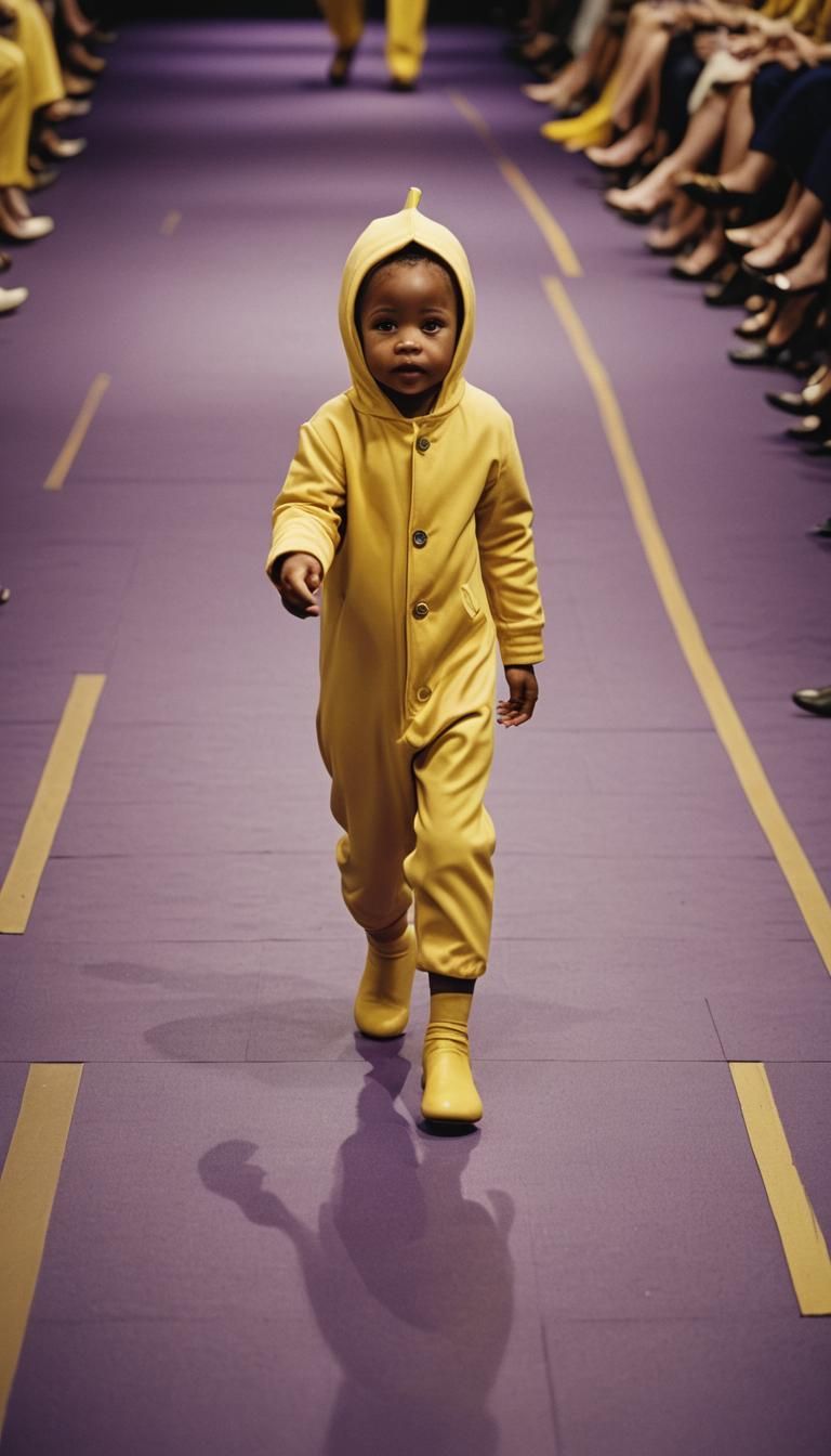 Baby Walks Down Catwalk in Vibrant Banana Costume under Dram...
