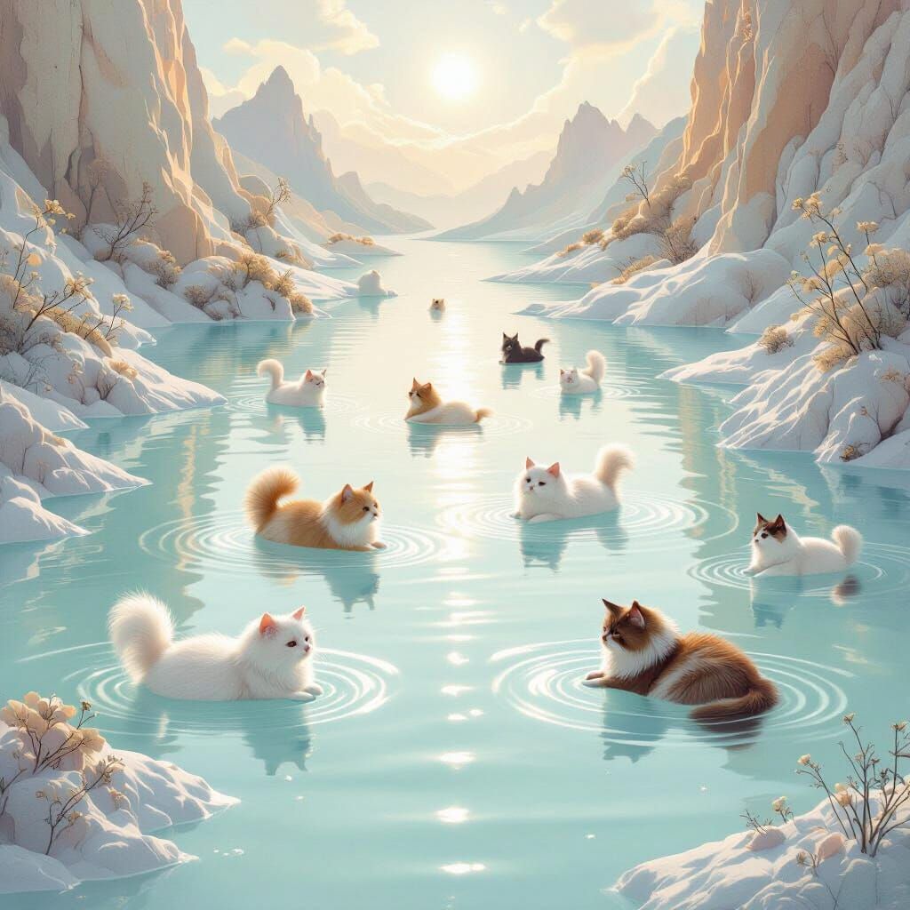 Cats Swimming in Surreal Milky Lakes