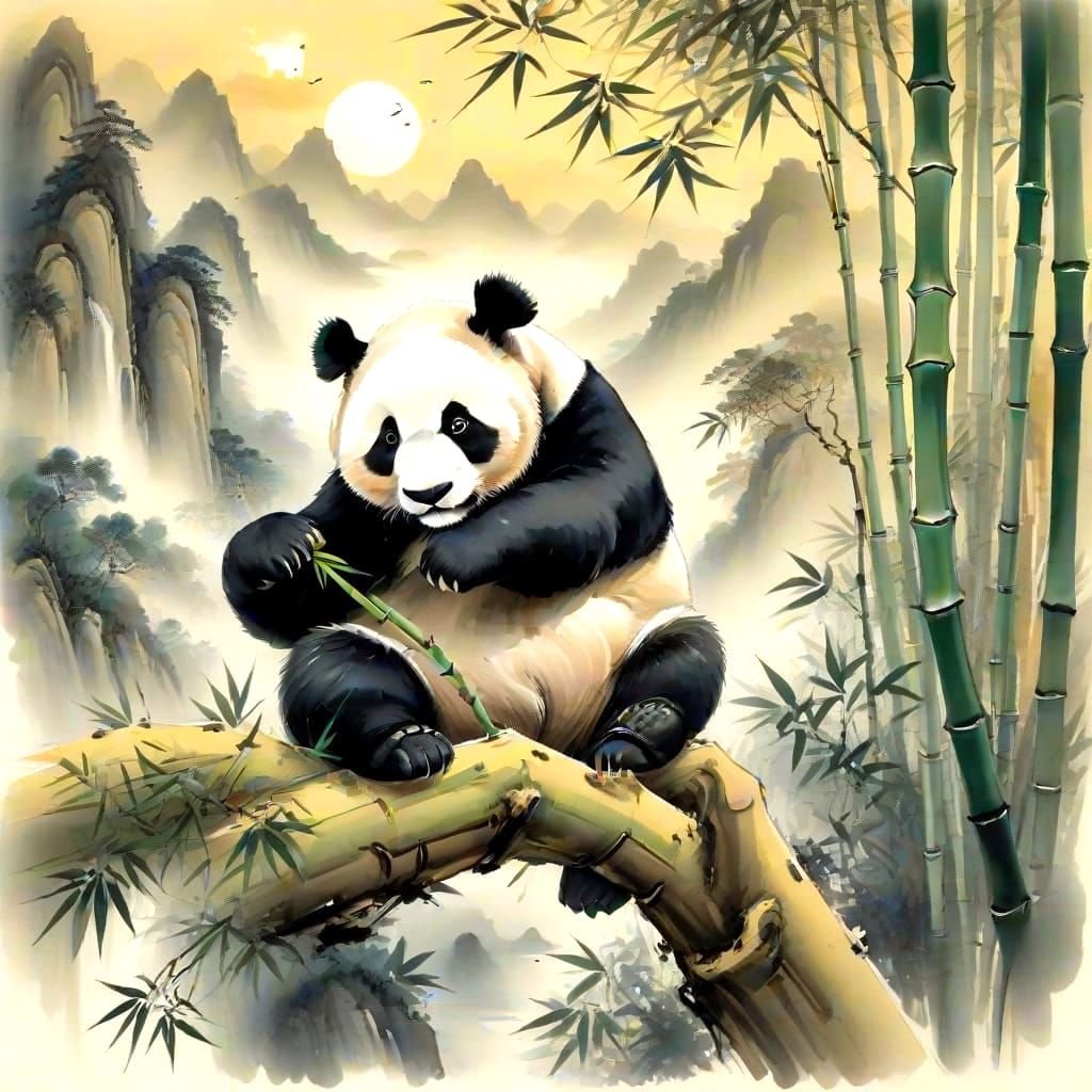 Ancient Chinese Watercolor of a Giant Panda in Central China
