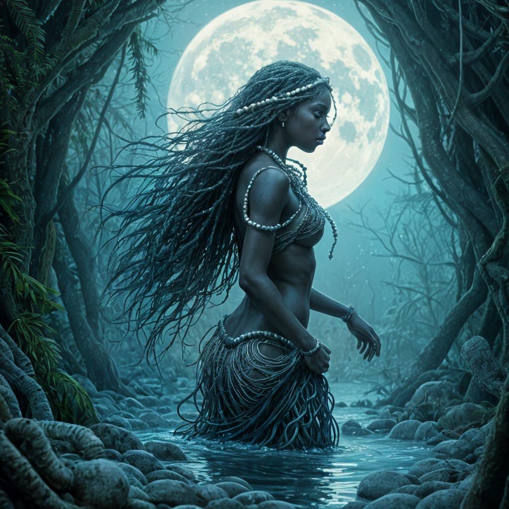 Mami Wata Emerges from Enchanted Lake in Dark Fantasy Style