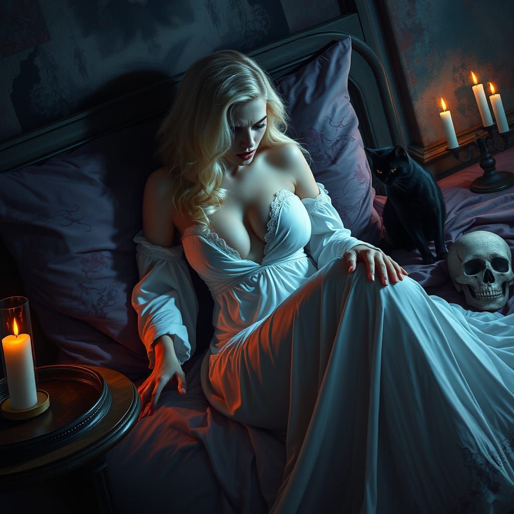 Distressed Woman in Nightgown, Candles, and Shadows