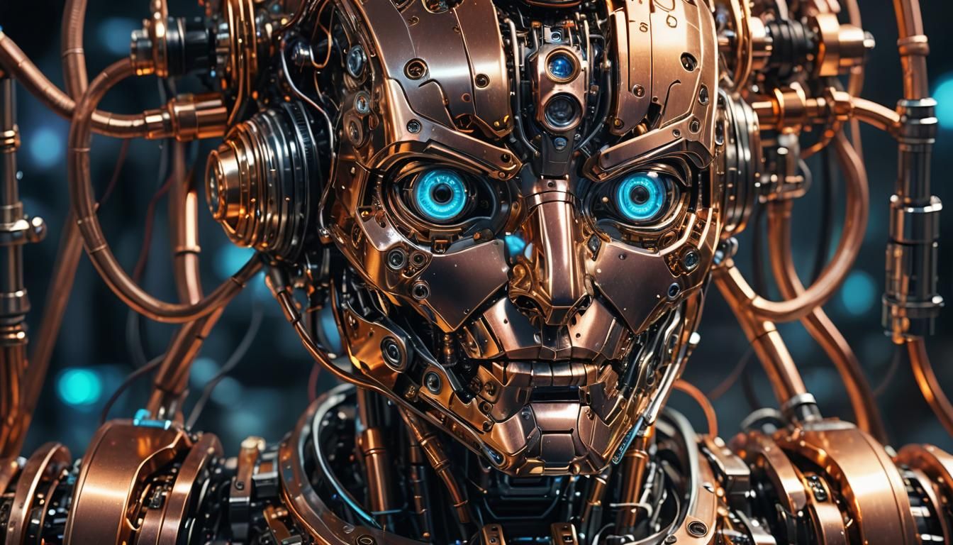 Cybernetic Robot Close-up in Neon Lighting