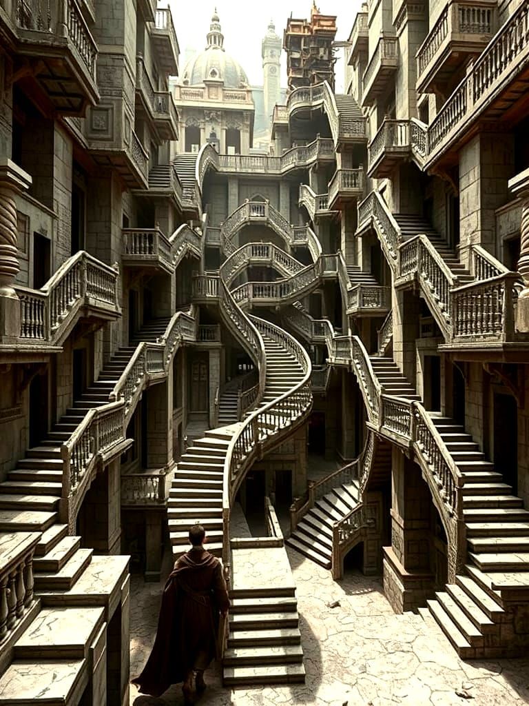 dreamscape confusion.  Escher type maze of staircases through history to future