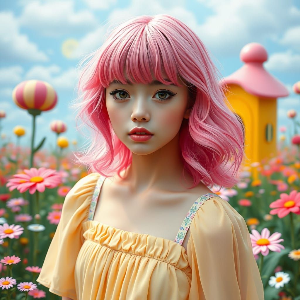 Pink-Haired Woman in Whimsical Garden Art