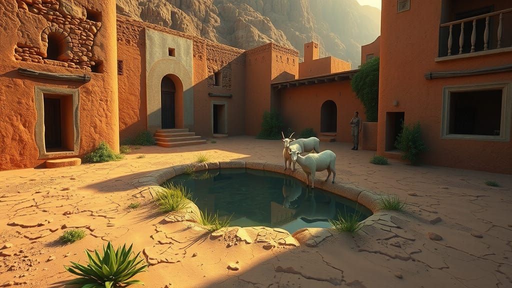 Weathered Adobe Walls in a Mystical Desert Landscape