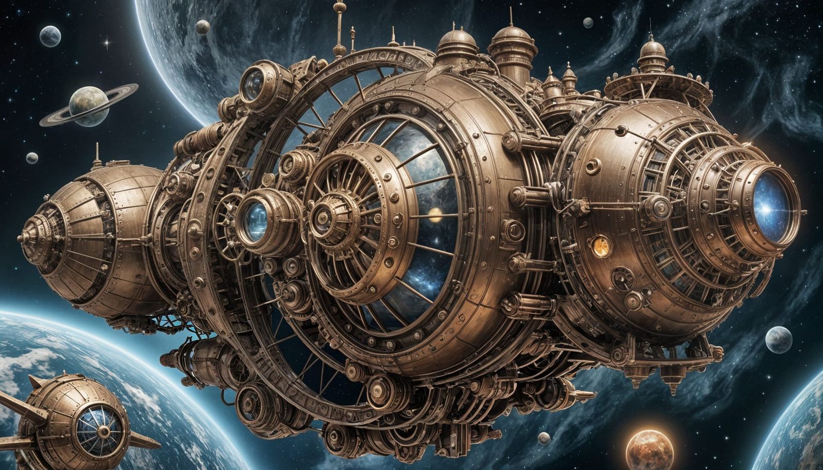 Intricate Steampunk Spaceship Near Ringed Planet