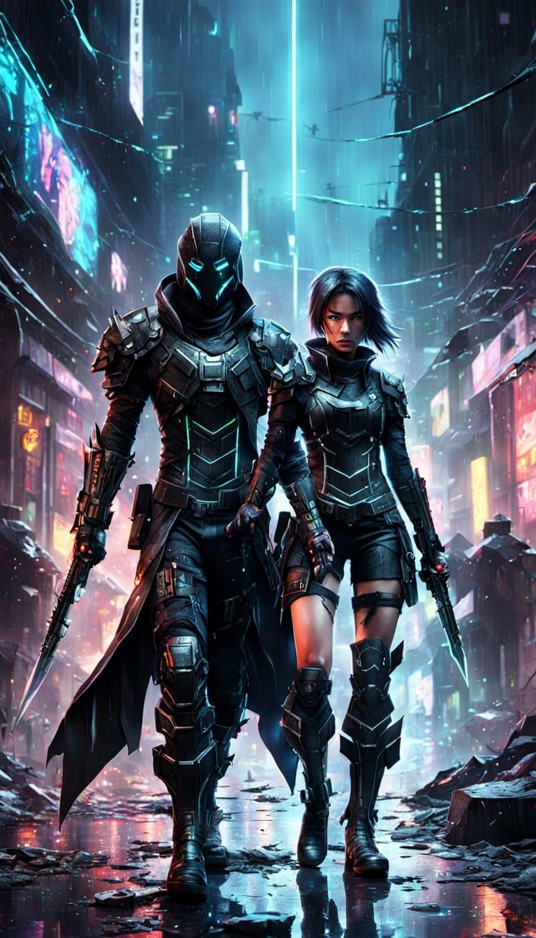 Cyberpunk Anime Duel in Neon Alley