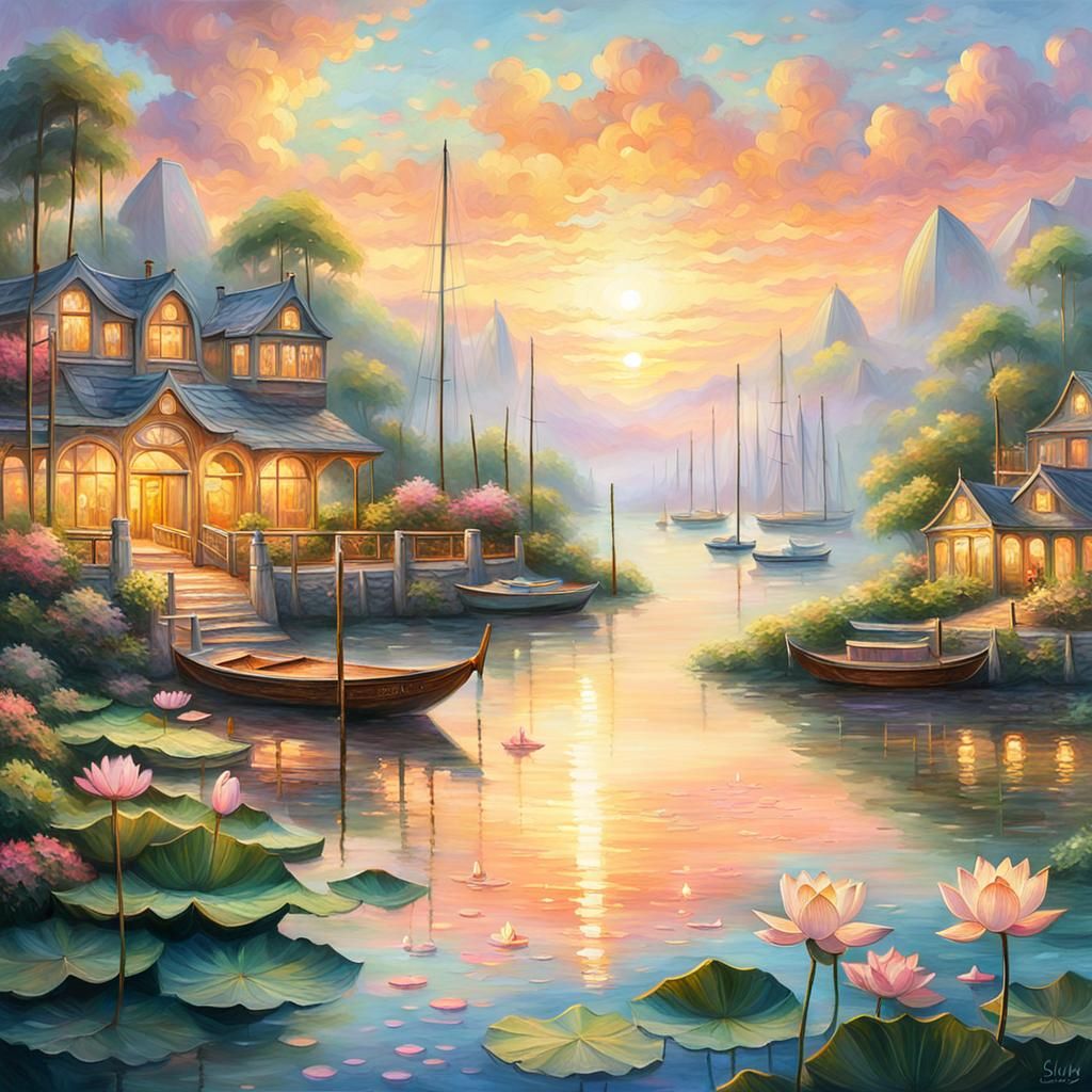 Dreamy Harbor at Sunset with Majestic Lotus