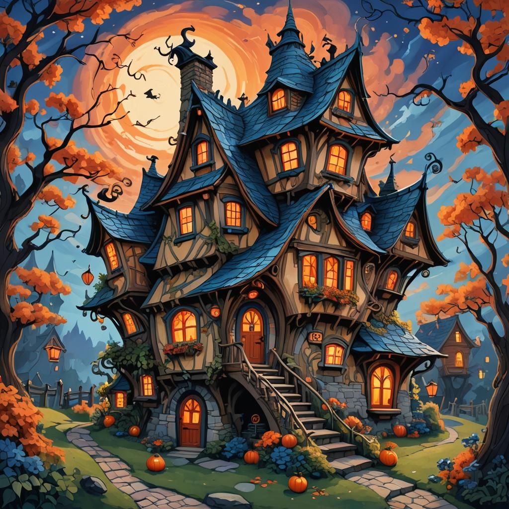 A Whimsical Witch's House in Vibrant Colors