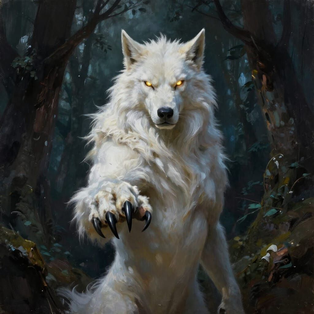 White Lycan Reaches Out in Dark Forest