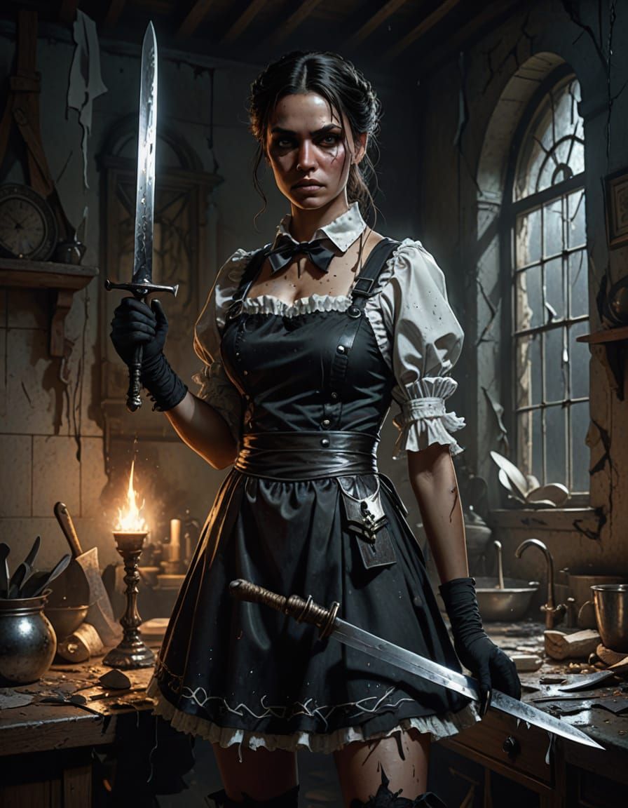 Defiant Maid with Magical Sword in Dark Fantasy Style