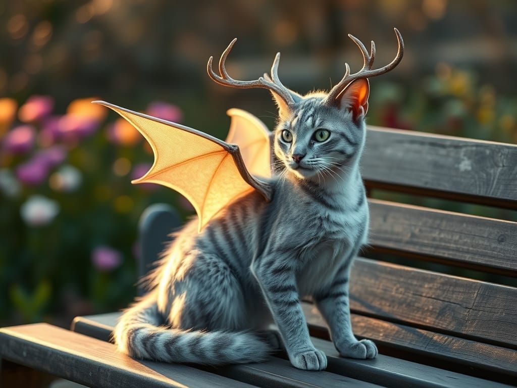 Majestic Dragon Cat Sits Serenely in Spring Garden