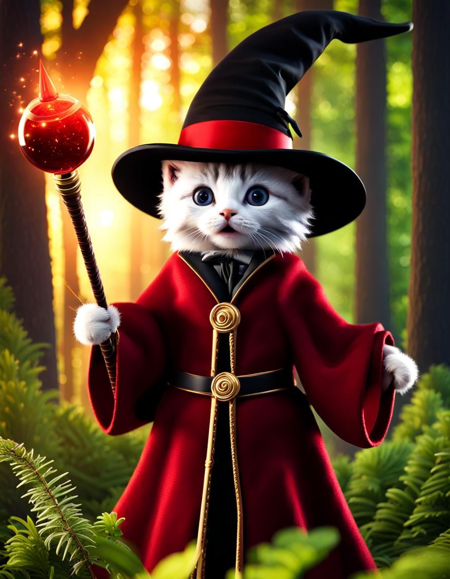Enchanted Feline Magician in Verdant Forest